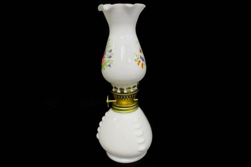 Vintage Oil Lamp Small White Glass Brass Hardware Painted Floral Design