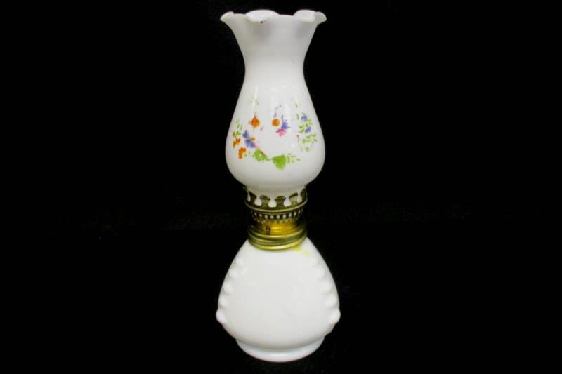 Vintage Oil Lamp Small White Glass Brass Hardware Painted Floral Design