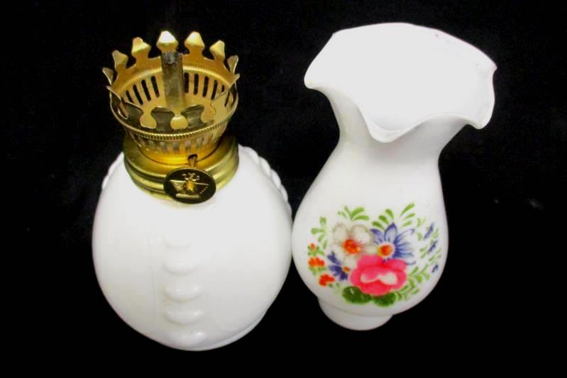 Vintage Oil Lamp Small White Glass Brass Hardware Painted Floral Design
