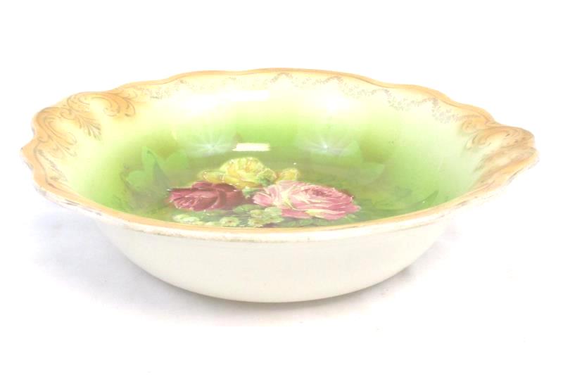 Antique Hand Painted Decorative Serving Bowl Orange Gold Rim Floral Marked 1886