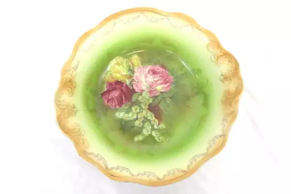 Antique Hand Painted Decorative Serving Bowl Orange Gold Rim Floral Marked 1886
