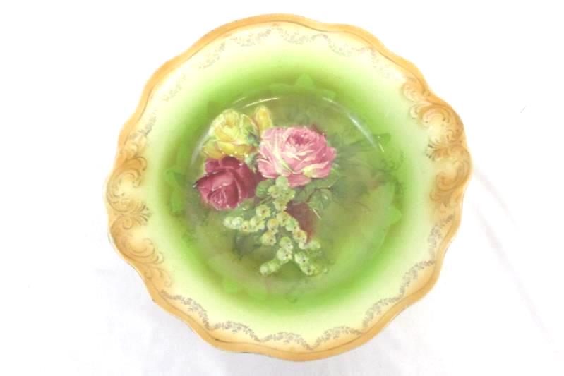 Antique Hand Painted Decorative Serving Bowl Orange Gold Rim Floral Marked 1886