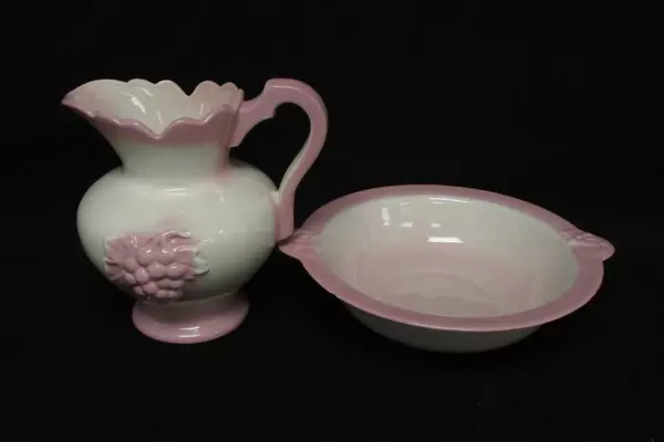 Vintage Porcelain Pitcher and Washbowl Set White Pink Grapes Floral