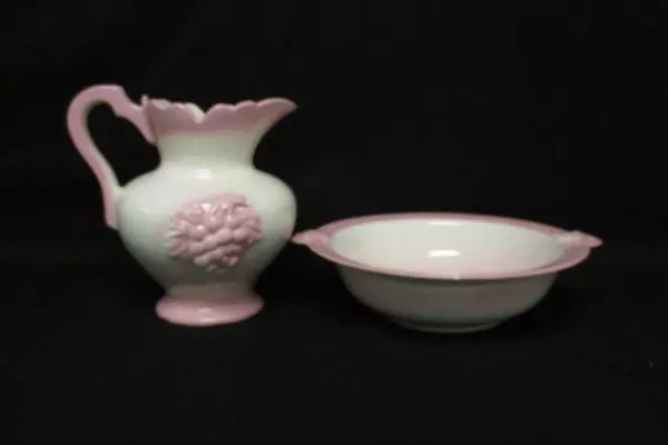 Vintage Porcelain Pitcher and Washbowl Set White Pink Grapes Floral