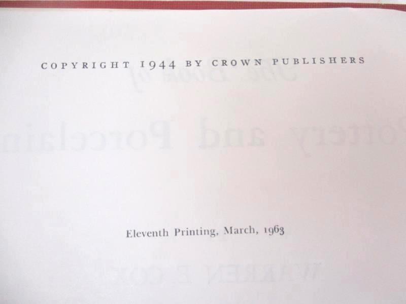The Book of Pottery and Porcelain Volume 1 by Warren Cox 1963 Hardcover