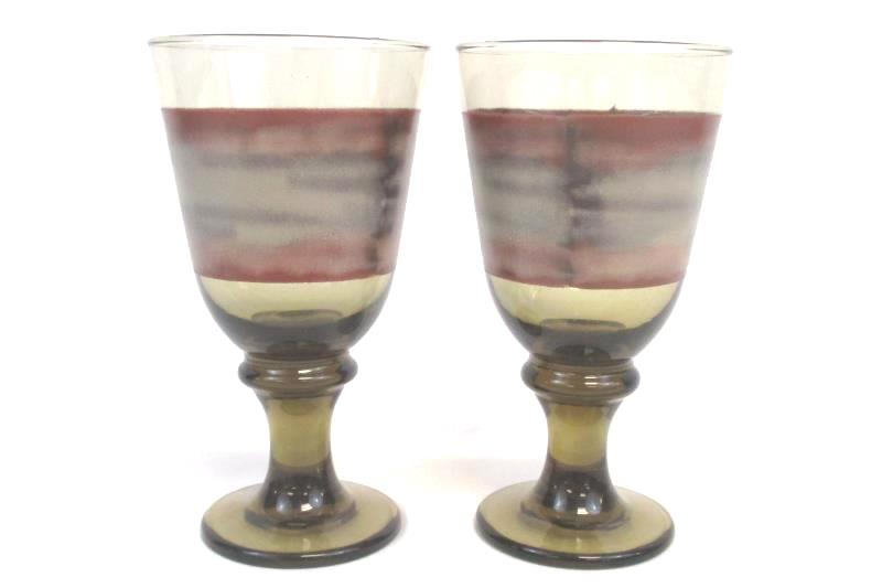 Lot of 2 Vintage Brown Glass Wine Water Cups Goblets Red White Pattern Pedestal