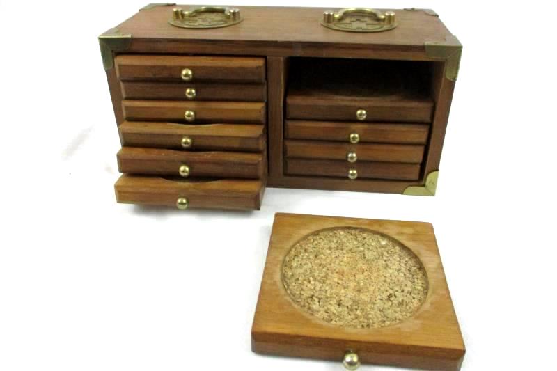 Vintage Goodwood 11 Coaster Set Wood Brass Box Taiwan