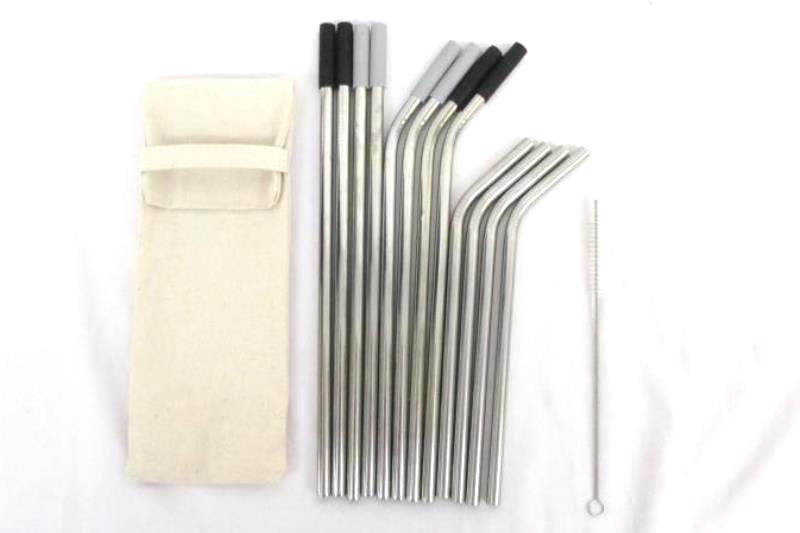 12 Piece Stainless Steel Metal Reusable Drinking Straws With Cleaning Brush