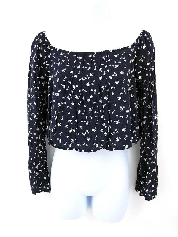 Ninas Stone Cold Fox Women's Crop Top Bell Sleeve Floral Navy Boho Size Medium
