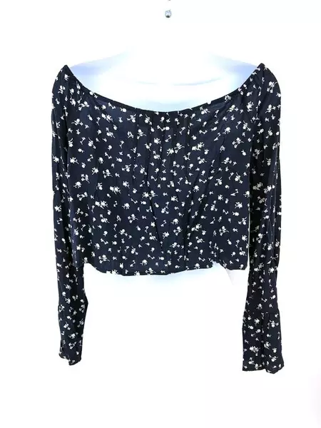 Ninas Stone Cold Fox Women's Crop Top Bell Sleeve Floral Navy Boho Size Medium