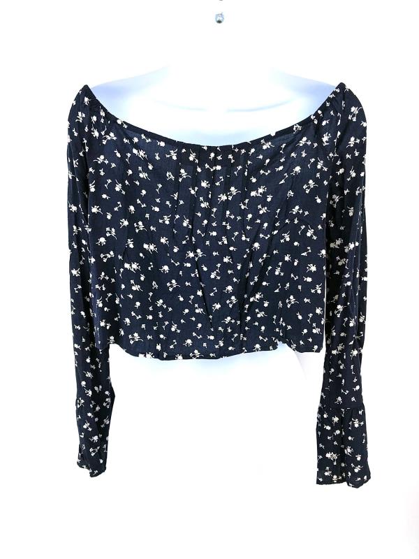 Ninas Stone Cold Fox Women's Crop Top Bell Sleeve Floral Navy Boho Size Medium