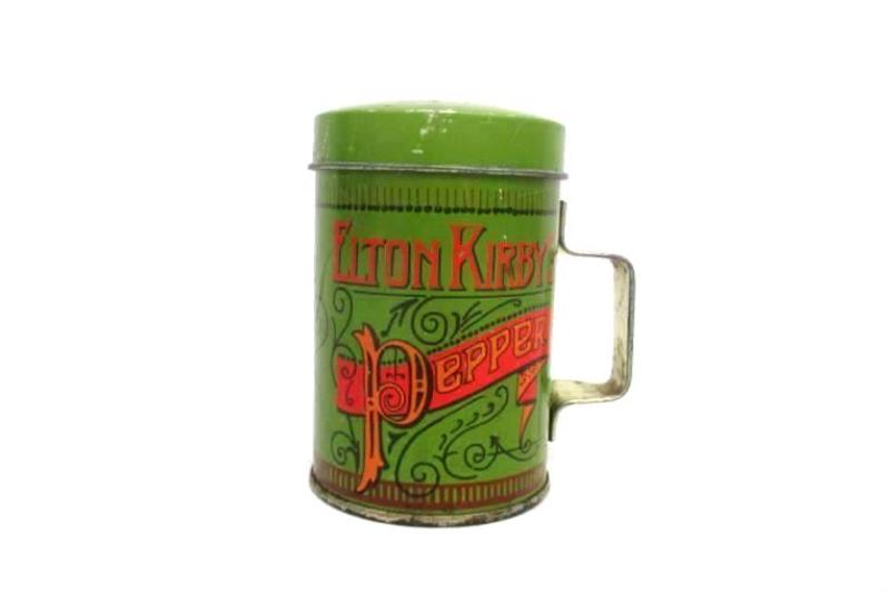 Vintage Elton Kirby's Pepper Shaker Tin Green