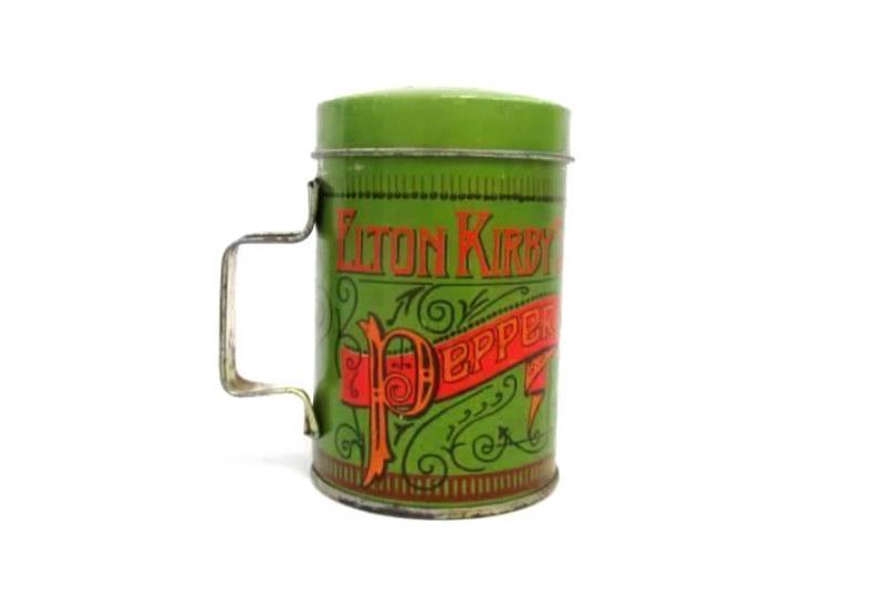 Vintage Elton Kirby's Pepper Shaker Tin Green
