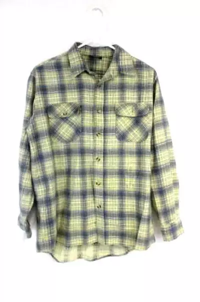 Vintage Blue Ridge Men's Flannel Button Up Shirt Top Beige Blue Plaid Size S