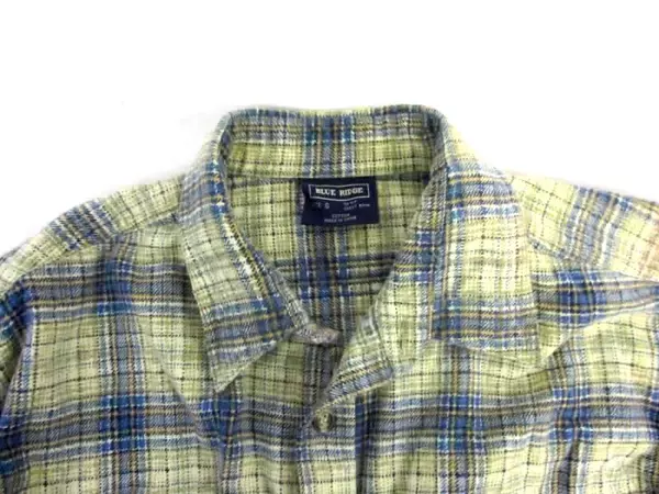 Vintage Blue Ridge Men's Flannel Button Up Shirt Top Beige Blue Plaid Size S