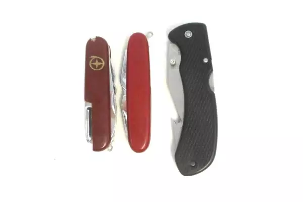 Lot of 3 Pocket Knives Single Folding and Multitool Stainless Red Handle Black