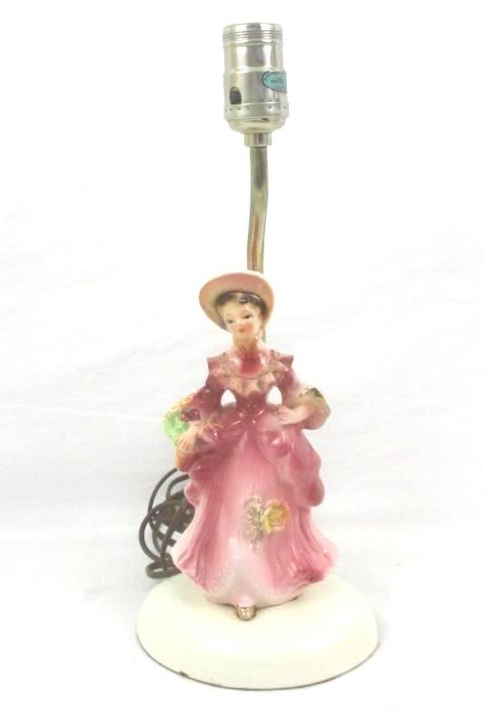 Pair Vintage Porcelain Lady Figurine Lamp With Light Pink Ruffle Shade