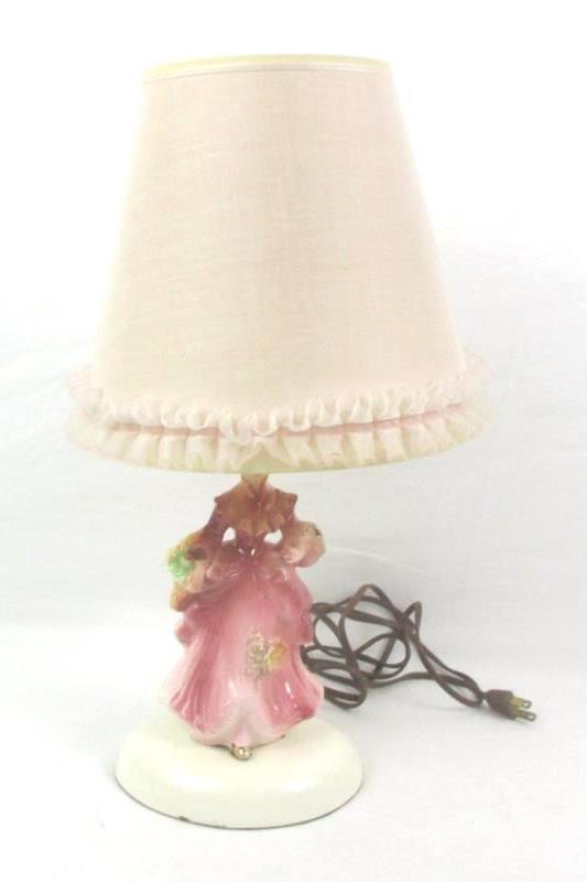Pair Vintage Porcelain Lady Figurine Lamp With Light Pink Ruffle Shade