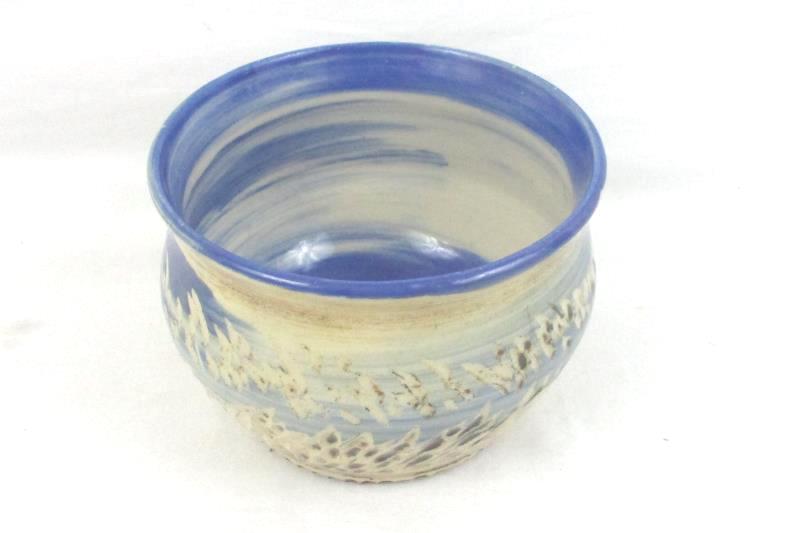 Hand Crafted Pottery Bowl Signed KL 11 Blue Beige 4 Inches Tall 5.25 Round