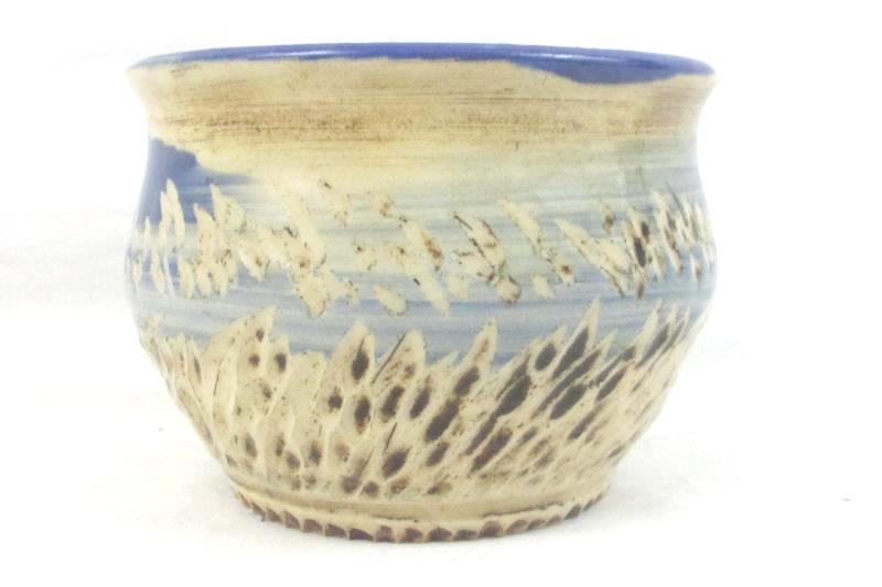 Hand Crafted Pottery Bowl Signed KL 11 Blue Beige 4 Inches Tall 5.25 Round