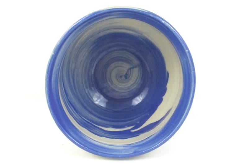 Hand Crafted Pottery Bowl Signed KL 11 Blue Beige 4 Inches Tall 5.25 Round