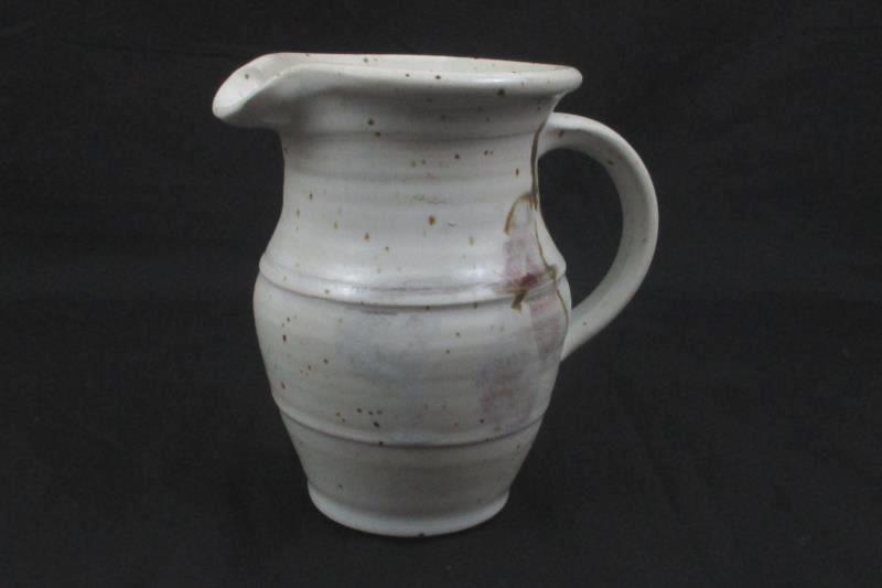 Hand Crafted And Painted Pottery Pitcher Signed White Brown Speckles 6in