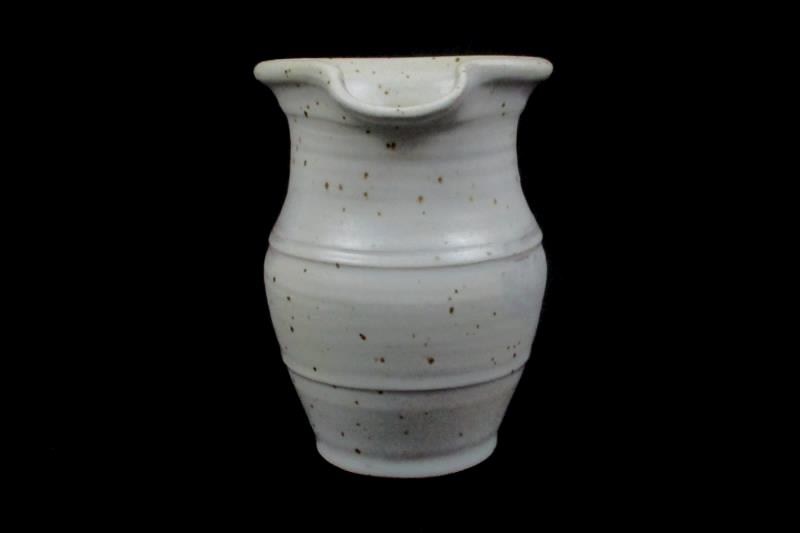Hand Crafted And Painted Pottery Pitcher Signed White Brown Speckles 6in