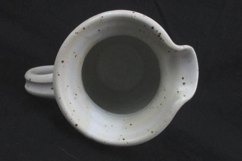 Hand Crafted And Painted Pottery Pitcher Signed White Brown Speckles 6in