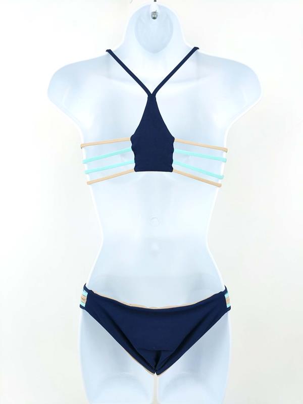 L*Space Monica Wise 2pc Bikini Reversible Strappy Racerback Blue & Beige Size M