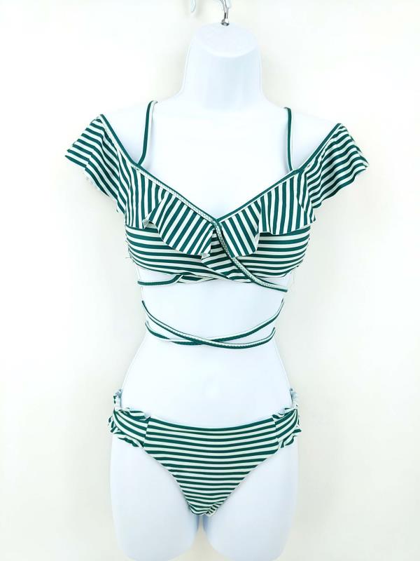 Isabella Rose 2pc Bikini Ruffle Off Shoulder Green White Stripe Strappy Size S