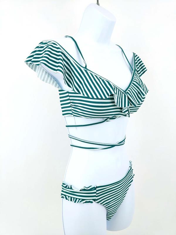Isabella Rose 2pc Bikini Ruffle Off Shoulder Green White Stripe Strappy Size S