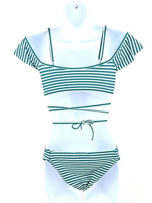 Isabella Rose 2pc Bikini Ruffle Off Shoulder Green White Stripe Strappy Size S