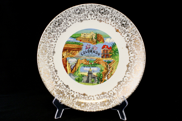 9.75" White Plate w/ Vibrant Colorful Colorado Scenes & Gold Decorative Border