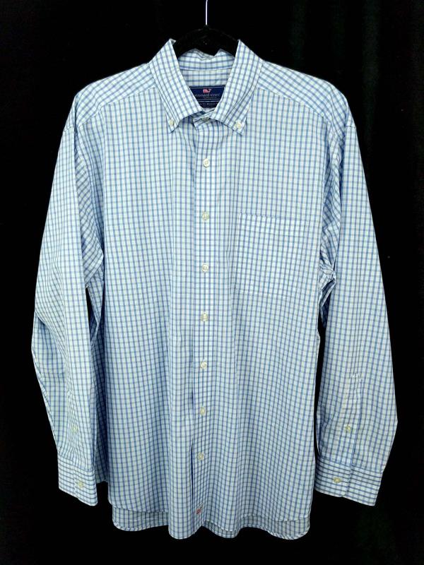 Vineyard Vines Classic Fit Murray Shirt 100% Cotton Blue White Window Plaid L