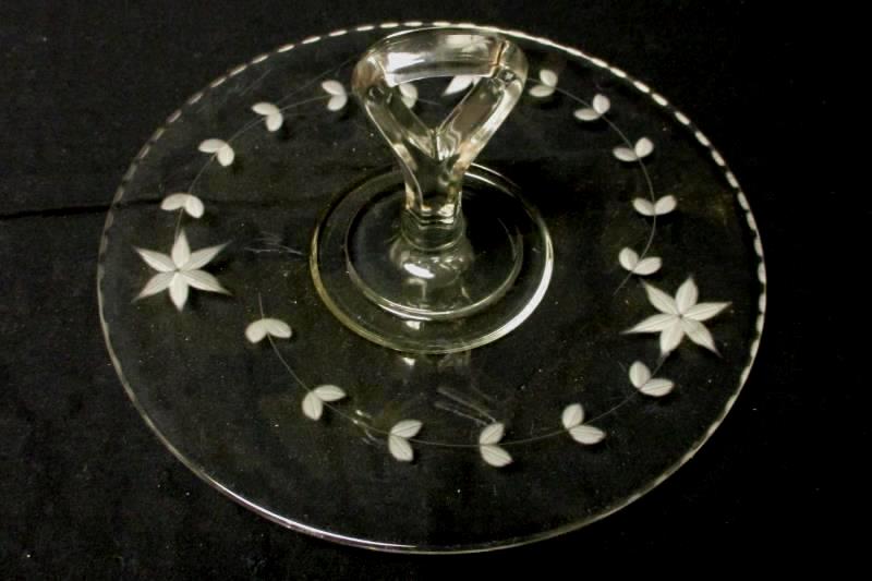 Unmarked Serving Platter Handled Etched Floral Clear Glass 10" Diameter