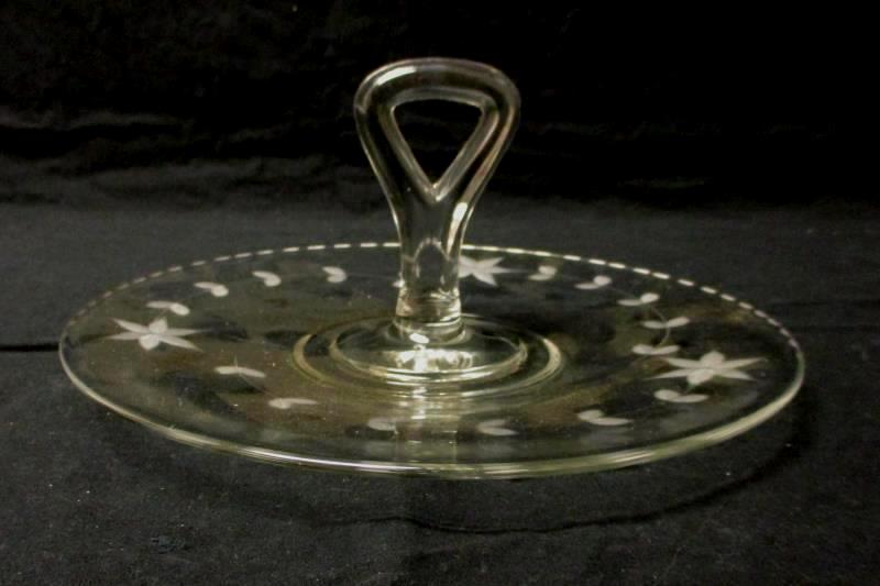Unmarked Serving Platter Handled Etched Floral Clear Glass 10" Diameter