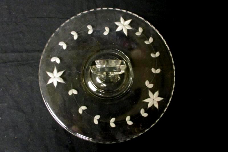 Unmarked Serving Platter Handled Etched Floral Clear Glass 10" Diameter