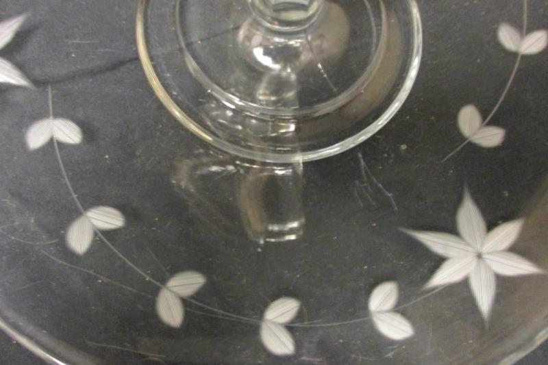 Unmarked Serving Platter Handled Etched Floral Clear Glass 10" Diameter