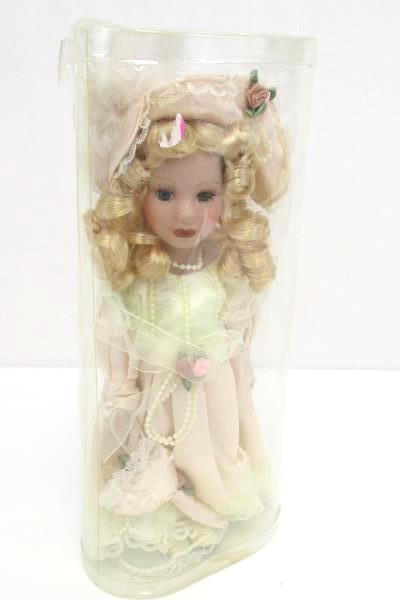 12" Porcelain Doll In Package Stand Blonde Curly Hair Pink White Dress Pearls