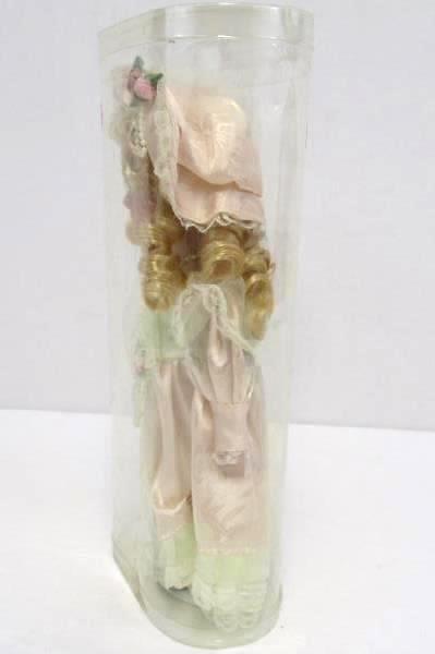 12" Porcelain Doll In Package Stand Blonde Curly Hair Pink White Dress Pearls