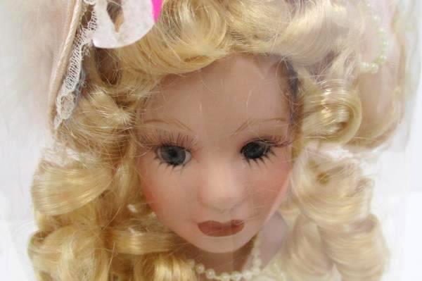 12" Porcelain Doll In Package Stand Blonde Curly Hair Pink White Dress Pearls