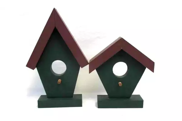 Lot of 2 Handmade Birdhouse Wall Decor Pieces Wood Plum Green Brown Roof