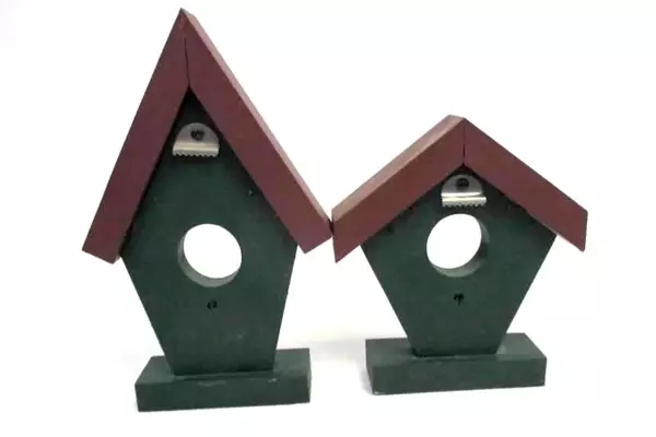 Lot of 2 Handmade Birdhouse Wall Decor Pieces Wood Plum Green Brown Roof