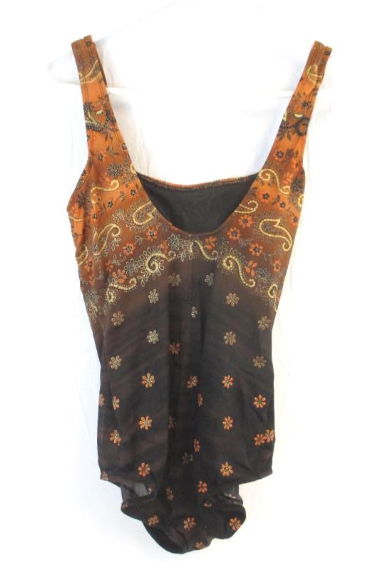 Vintage Inches Away 1 Piece Swimsuit Brown Orange Floral Paisley Size 20W