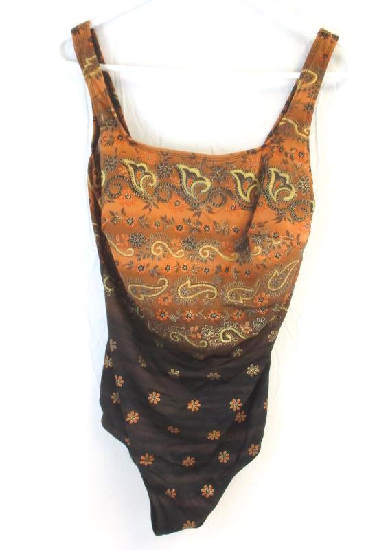 Vintage Inches Away 1 Piece Swimsuit Brown Orange Floral Paisley Size 20W