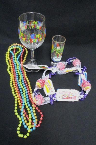 21st Birthday Lot Wine Glass Shot Glass Candy Lei 4 Beaded Necklaces
