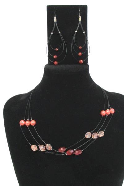 Necklace & Earrings Set Layered Look Beaded Dangle Earrings Red Pink Tones