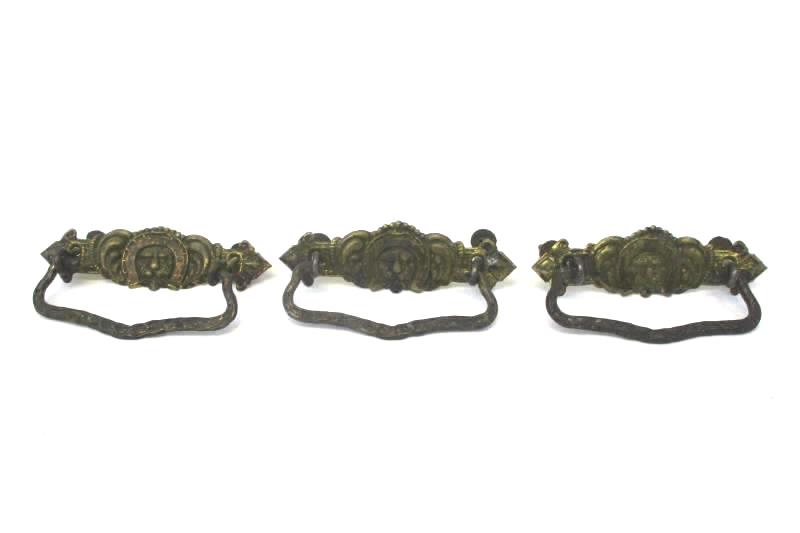 Set of 3 Vintage Salvage Stamped Brass Drawer Pulls Lion Face Horseshoe