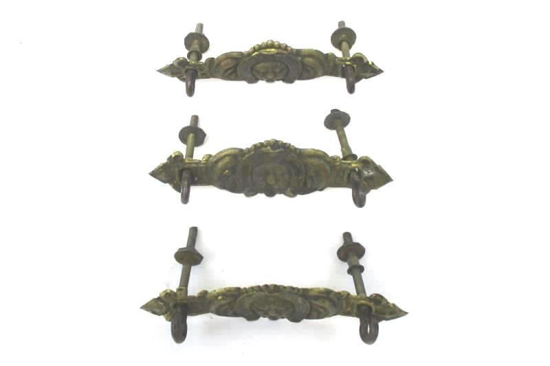 Set of 3 Vintage Salvage Stamped Brass Drawer Pulls Lion Face Horseshoe