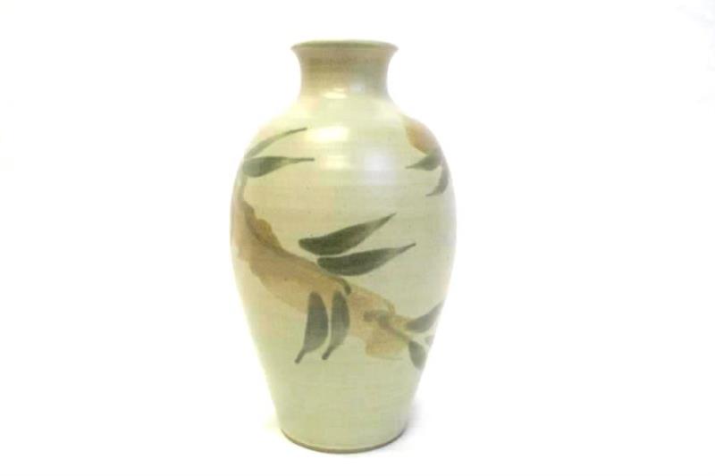 Hand Crafted Painted Pottery Vase Signed Gray 10.5 Inch Bouquet Art Decor